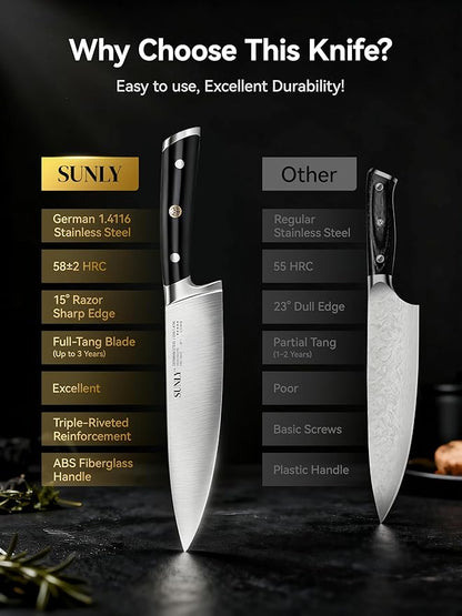SUNLY 8 Inch Chef Knife, Professional Kitchen Knife Made of German High Carbon Stainless Steel, 58±2 HRC, Ultra Sharp Cooking Knife with Ergonomic ABS Handle, DIN 1.4116 for Home & Restaurant