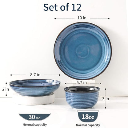 Hasense Ceramic Plates and Bowls Dishes Set, 12 Pieces Handmade Reactive Glaze Dinnerware Set of 4 (Plates, Pasta bowls, Cereal Bowls), Chip and Scratch Resistant Dinner Dishes Service, Blue