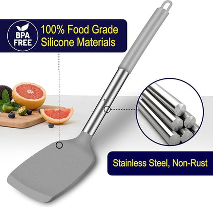 HOTEC Silicone Spatula Set of 2 Heat-Resistant 600°F & BPA-Free Kitchen SaptulaTurner with Stainless Steel Handles, Slotted & Solid Spatulas for Nonstick Cookware, 13.7 Inch, Grey