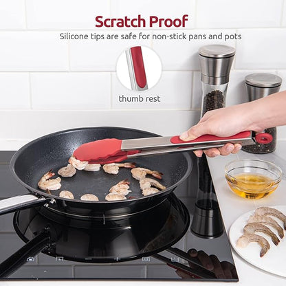 Heat Resistant Silicone Kitchen Tong: U-Taste 12 inch Large 480ºF Hot Proof Cooking Tong with Sturdy Non Stick Rubber Tips & Silicon Coated Steel Handle & Smooth Locking for Serving Grill Salad (Red)