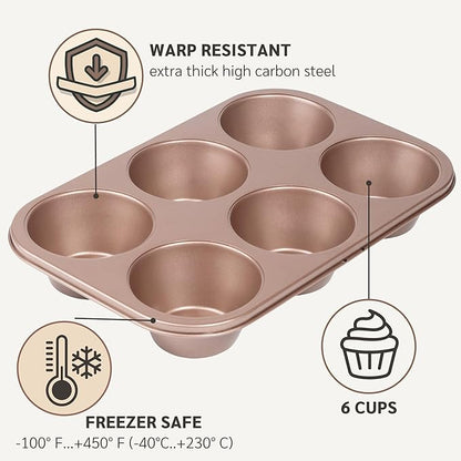 HAPPIELS Non Toxic Nonstick 6 Cup Jumbo Muffin Pan | Large Cupcake Tin for Oven | Nontoxic Muffin Tins Big Size | PFOA Free Cupcakes Tray