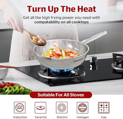 SUNHOUSE 9 Inch Tri-Ply Stainless Steel Frying Pan, Whole-Clad No Coatings Skillet with Stay-cool Handle for Cooking, Durable & Oven Safe to 500°F, Dishwasher Safe, Compatible with All Cooktops