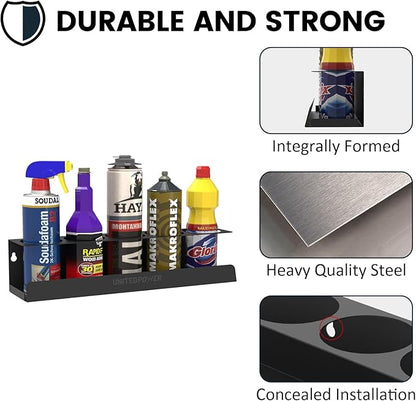 UNITEDPOWER 5 Aerosol Spray Can Holder, Paint Bottle Storage Rack, Steel Wall Mount Shelf, Tool Organizer for Garage, Craft Workspace and Home