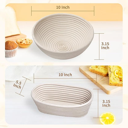 Banneton Proofing Basket Set,10 Inch Round & Oval Natural Rattan Sourdough Bread Proofing Basket Reusable Bread Baking Supplies with Sourdough Starter Jar, Perfect for Artisan Loaf Shaping