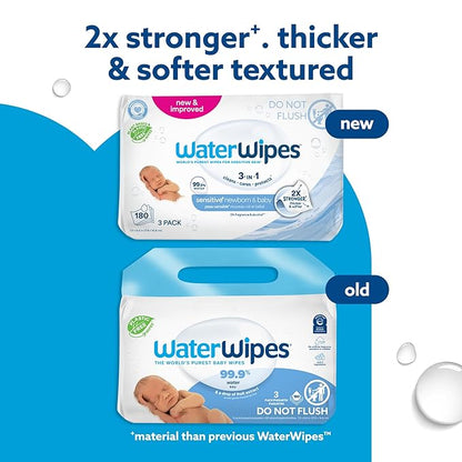 WaterWipes Sensitive+ Newborn & Baby Wipes, 3-In-1 Cleans, Cares, Protects, 99.9% Water, Unscented & Hypoallergenic, 180 Count (3 Packs)