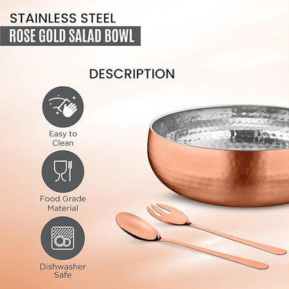 Avador® Set of 3 Premium Stainless Steel Salad Mixing Bowl Hammered Finish | Handmade | Includes Salad Serving Utensils (Rose Gold)