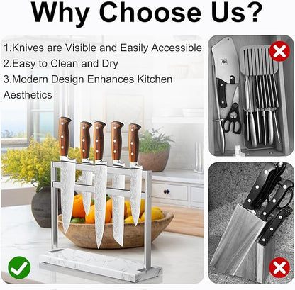 Magnetic Knife Block Stand - Marble Base Magnetic Knife Holder for Counter Top - Double Sided Knife Block without Knives - Stainless Steel Magnetic Kitchen knife holder - White