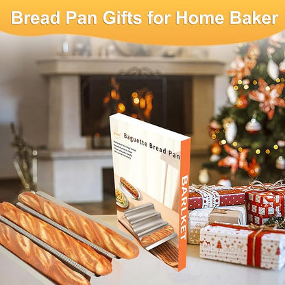 Baguette Bread Pan Set of 2, Silver Baguette Tray Perforated, Nonstick French Bread Baking Pan 3 Loaves, Oven Baking Gifts for Home Baker