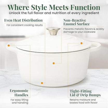 Larder & Vine Enameled Cast Iron 5.7qt Dutch Oven Pot with Lid | Bread Baking | Compatible on All Cooktops & Oven Safe to 500° F | Great for Sourdough Bread | White