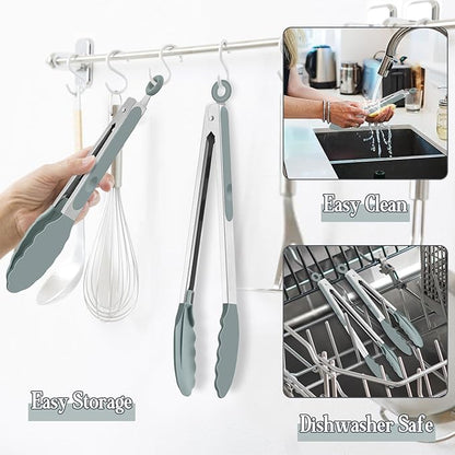 TeamFar Kitchen Tongs, 9" and 12" Stainless Steel Cooking Tongs with Silicone Tips for Cooking Grilling Serving & BBQ, Heat Resistant Silicone Tongs, Locking Design & Dishwasher Safe, Set of 2 & Grey