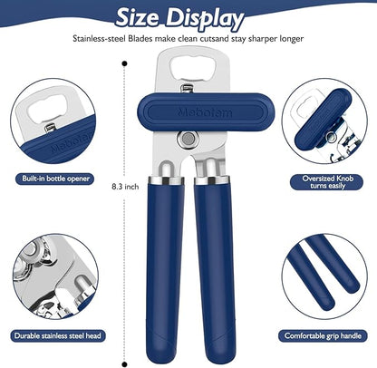 10 Colors Can Opener Manual Handheld Heavy Duty Hand Can Opener Smooth Edge Stainless Steel Can Openers Top Lid Kitchen Gadgets, Best Large Rated Easy Turn Knob, with Bottle Opener, Navy Blue