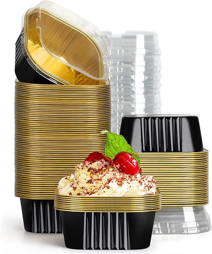 EUSOAR Disposable Ramekins with Lids, 10oz 100pcs Black Gold Aluminum Foil Baking Cups Tins Liners for Pie Quiche Soufflé Creme Brulee, Cake Pan Custard Cups Set for Gathering Dinner Wedding Banquets
