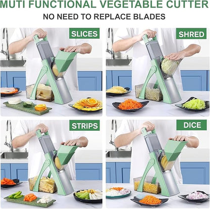 New Upgrade Safe Mandoline Slicer Plus, Biger Size, Adjustable Vegetable Food Chopper Potato Fries Cutter, Detachable Blade, Kitchen Chopping Artifact with Container. Green