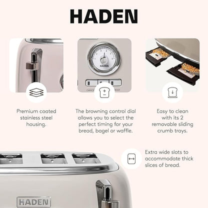 Haden Dorset 4 Slice Wide Slot Stainless Steel Toaster with Adjustable Browning Control & Non-Slip Feet, Putty & Chrome