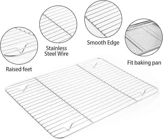 MCIRCO 6 Piece Stainless Steel Baking Sheet with Rack with Silicone Baking Mat Set (2 Pans + 2 Racks + 2 Mats), 12.4 x 9.6 x 1 Inch Cookie Sheet with Cooling Rack, Easy Clean