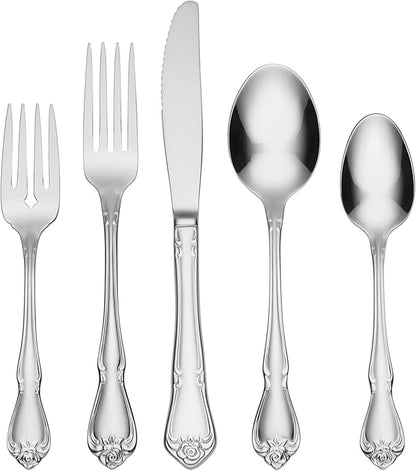 Oneida True Rose 45 Piece Everyday Flatware, Service for 8, 18/0 Stainless Steel, Silverware Set, Silver