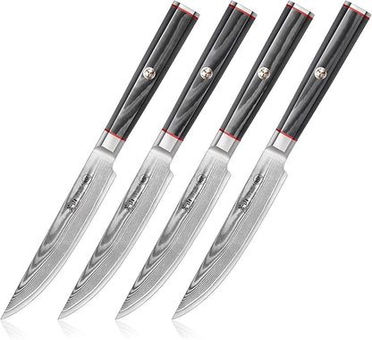Cangshan YARI Series 4-Piece Fine Edge Steak Knife Set with Ash Wood Box, X-7 Damascus Steel