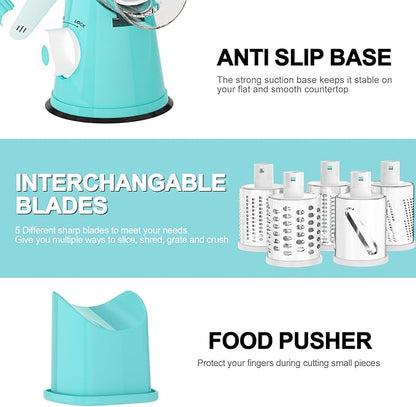 Cambom Rotary Cheese Grater Hand Crank Cheese Shredder for Fresh Cheese, Vegetable, Nuts,Non-slip Suction Base, Five Blades, Blue