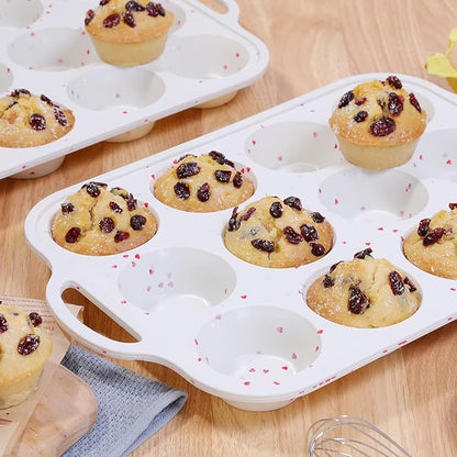 Silicone Muffin Pan, Metal Reinforced Frame Silicone Cupcake Pan Easy to Handle 12 Cups for Valentine's Day Baking Nonstick Regular Size Muffin Tin 1 Pack Love Heart