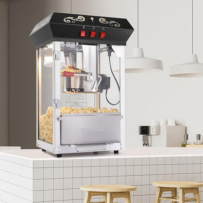 VEVOR Popcorn Maker, 850W Popcorn Popper Machine, 8 Oz Kettle Makes 48 Cups per Batch, Countertop Popcorn Maker with Tempered Glass, Includes 4 Scoops, Movie Theater Style, Black