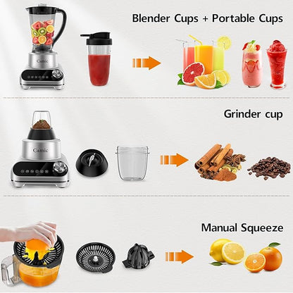 Camic Blender & Food Processor Combo,600W,6 Functions for Smoothies,Chopping,Slicing,Shredding,Grinding,Dough & More,72-oz.Blender Pitche,64-oz.Processor Bowl,13-oz.To-Go Cup,6-oz.Grinder Cup(Sliver)
