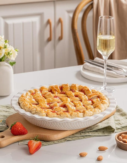 Ceramic Pie Dish for Baking, 9 inch Porcelain Pie Pan, Fluted Pie Plate for Apple, Quiche, Pot Pies, Tart, Modern Farmhouse Bakeware, Glazed White