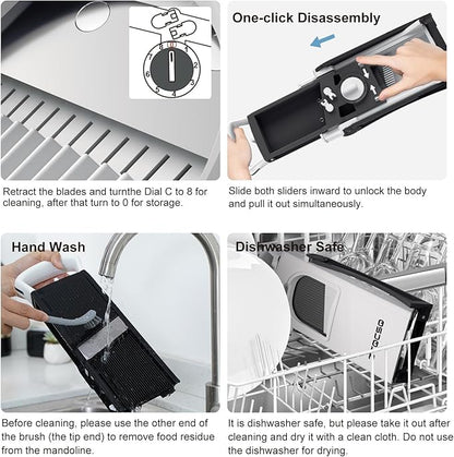 (All-in-1) Upgraded Version Mandoline Slicer for Kitchen & Adjustable Mandolin. Detachable Blade, Kitchen Veggie Chopper Cut Slicing, Strips, Shredding, Dicing, Chop (Black White)