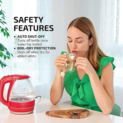 OVENTE Electric Kettle, 1.5L Borosilicate Glass Countertop Water Heater and Boiler for Coffee or Tea, BPA-Free, Auto Shut-Off, Boil-Dry Protection, Removable and Washable Spout Filter, Red KG83R