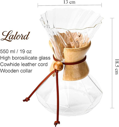 Pour Over Coffee Maker, 19 oz Borosilicate Glass Coffee Carafe with 100 PCS V60 Paper Filter, Wooden Collar & Cowhide rope, Glass Coffee dripper (Clear, 550 ml)