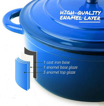 Overmont Enameled Cast Iron Dutch Oven - 5.5QT Pot with Lid Cookbook & Cotton Potholders - Heavy-Duty Cookware for Braising, Stews, Roasting, Bread Baking blue