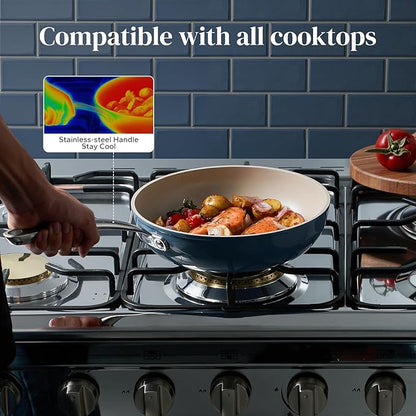 Redchef Nonstick Ceramic Pans, 4-Piece Deep Ceramic Frying Pan with Lid, 8" 9.5" 11" Deep Frying Pan, Egg Frying Pans Suitable for All Stovetops, PFAS & PTFE & PFOA Free, Dishwasher & Oven Safe, Blue