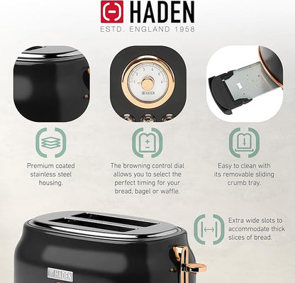 Haden Dorset 2 Slice Wide Slot Stainless Steel Toaster with Adjustable Browning Control & Non-Slip Feet, Black & Copper