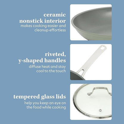 Sur La Table Kitchen Essentials Cool Commune Hard Anodized 10 Piece PFA Free Ceramic Non stick Interior Forged Durable Aluminum Pots and Pans Cookware Set - Green - Induction Compatible