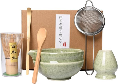 7 Pcs Matcha Whisk Set,Chasen Whisk,Matcha Bowl with Spout,Whisk Holder,Stainless Steel Sifter,Spoon,Scoop,Gift for Matcha Lovers