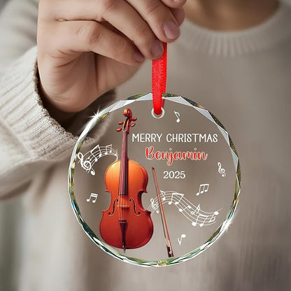 Cello Christmas Tree Glass Ornament, Personalized Text & Name Cello Musical Instrument Xmas Ornament Gifts for Musical Lover, Cellist Christmas Ornaments 2025, Custom Instrument Player Glass Keepsake