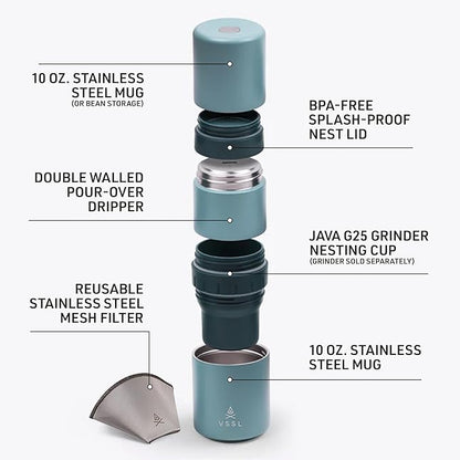 VSSL - Nest Pour Over Coffee Kit | Coffee Maker for Camping | All-In-One Travel Pour Over | Transportable Dripper, Two 10oz Stainless Steel Travel Mugs | Compact Storage & Adventure Ready | Everglade
