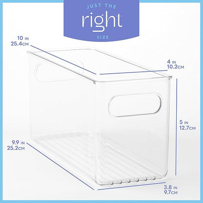 Plastic Food Storage 2 Pack Clear Container Bin with Handles for Organizing Kitchen, Pantry, Refrigerator, Freezer, Pantry, Cabinet, Closet, Bathroom. 10”x4”x5”