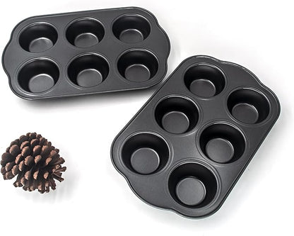 Non-Stick Standard Muffin Pans, 2.95" 6-Cup Set of 2 Baking Pans, Heavy Duty Carbon Steel Tins for Standard Muffins & Cupcakes