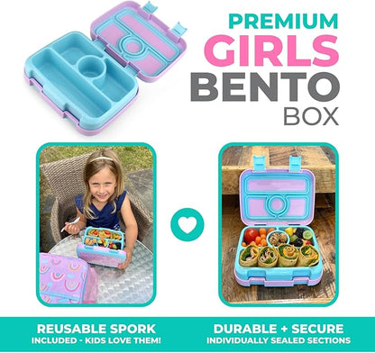 kinsho Kids Bento Lunch Box, Reusable Meal and Snack Container, Lunch Boxes For Small Girls & Toddlers Lunches, 4 Compartment - School, Daycare, Drop-Proof BPA Free, Purple Rainbow