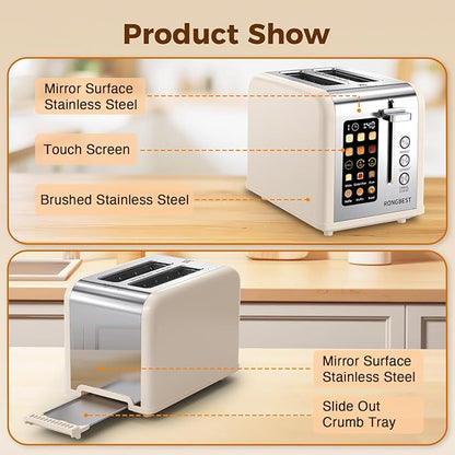 2 Slice Touch Screen Toaster, Stainless Steel Toaster with Wide Slots for Bagels and Bread, Reheat/Defrost/Cancel Functions, Removable Crumb Tray, Cream Color