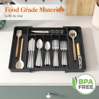 Lifewit Silverware Drawer Organizer, Expandable from 11 to 18 inches, Utensil Tray for Kitchen, BPA Free Flatware Cutlery Holder, Adjustable Plastic Storage for Spoons Forks Knives, Large, Black
