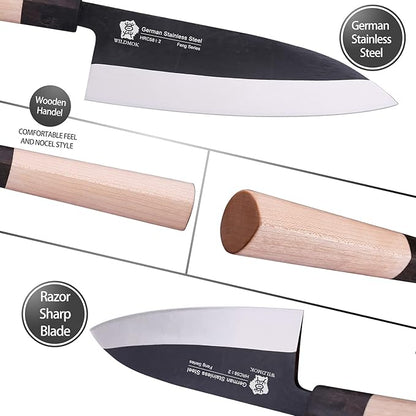 WILDMOK 7 Inch Deba Knife - Asian Usuba Salmon Sashimi Knife with German Stainless Steel Blade & Traditional Wooden Handle