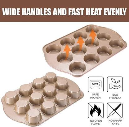 Nonstick Muffin & Cupcake Pan Set (2 Pack) - 12 Cup Regular + 24 Cup Mini Muffin Tins | Heavy Duty Gold Carbon Steel, Rust-Resistant, Easy Release
