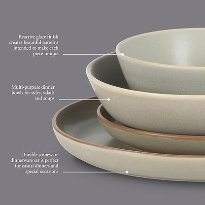 Gibson Elite Laguna Bliss 16 Piece Stoneware Reactive Glaze (Service for 4) Ceramic Plates and Bowls Dinnerware Set - Matte Green W/Terracotta Bottom