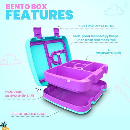 YOLAY Bento Box for Kids Lunch Box Leak-Proof, 5-Compartment Lunch Box Kids for Ages 3-10, Durable with Anti-Slip Base, Suitable for Schools, Outdoor and Travel (Unicorn)