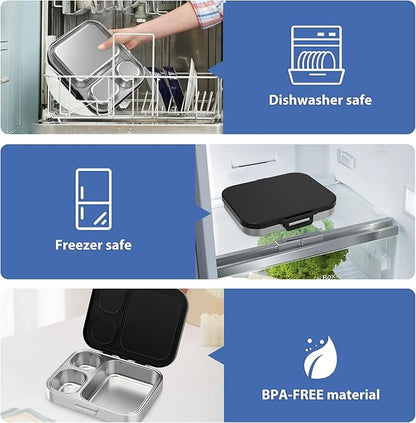 Stainless Steel Bento Lunch Box for Kids | 3-Compartment Lunch Box Container Kids | 100% Leakproof, Eco-Friendly, Perfect Portion Control for Kids&Adult Healthy Meals (Black)