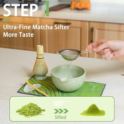 Matcha Whisk Set, 7 Pcs Matcha Set Includes Bowl, Whisk, Holder, Sifter, Bamboo Scoop, Spoon Rest and Tea Towel - Matcha Kit for Matcha Lovers (Mottled Green)