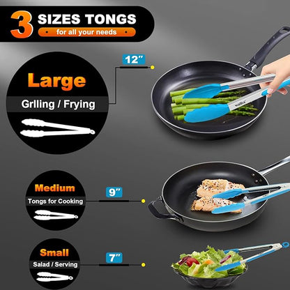 Walfos Kitchen Tongs - 7" 9" and 12" Heat Resistant Food tongs, Thickened Stainless Steel and BPA Free Silicone Tips, Great for Cooking, Grilling, Turning, Dishwasher safe(3 blue silicone tongs)