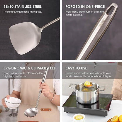 18/10 Stainless Steel Kitchen Utensils Set, 6 PCS All Metal Professional Cooking Utensils, 15" Long Kitchen Tools - Spatula, Ladle, Skimmer Spoon, Pasta Serve, Large Spoon, Slotted Spatula Tunner