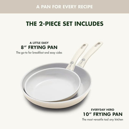 GreenPan Dover 8” 10” 2 Piece Frying Pan Skillet Set, Non-Toxic PFAS-Free Ceramic Nonstick Coating, Sear Saute Fry Egg Omlete, Dishwasher & Oven Safe, Stay Cool Handle, Easy Pour Rims, Cream White
